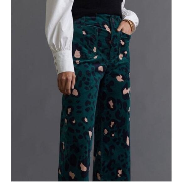 Maeve Pants 29 The Colette Cropped Wide Leg Corduroy Green Leopard Print Career - Picture 2 of 16